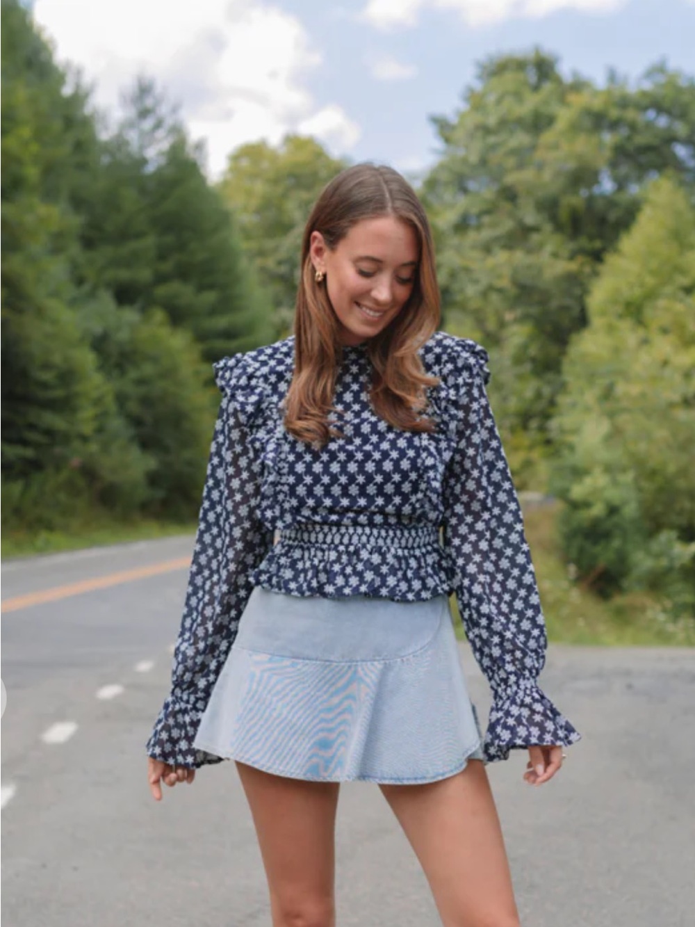 Floral Smocked Waist Navy Blouse